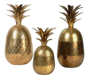 1970s Hollywood Regency Chiseled Brass Pineapple Sculpture Boxes - Set of 3