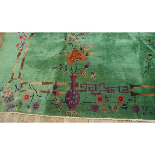 Green Outstanding Jade-Green Background Color With Details of Purple Flowers Vases in a Floral Design Chinese Art Deco Rug For Sale - Image 8 of 15