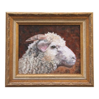 Sheep Ram Animal Portrait White Beige Burnt Orange English Traditional Realism Original Painting by Cleo Plowden For Sale