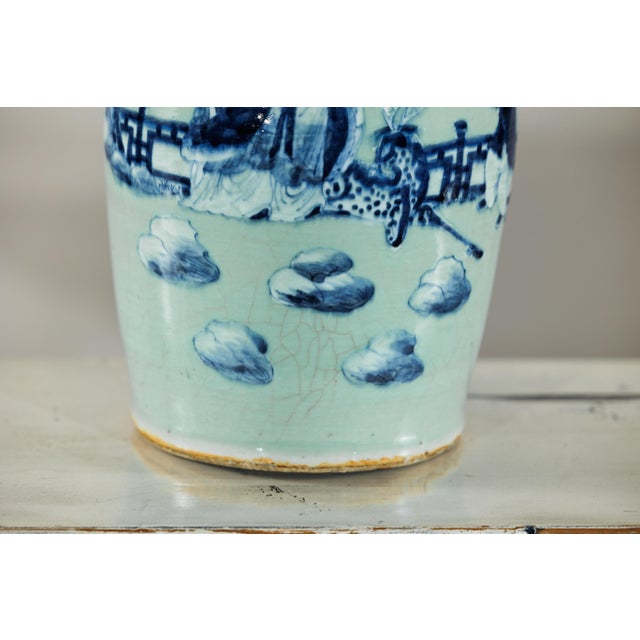 Chinese Blue and White Porcelain Altar Vase With Immortal Figures and Celadon Tint For Sale - Image 13 of 18