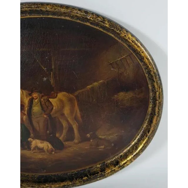 Antique Had Painted Paper Mache Scenic Tray W Horses & Dogs For Sale - Image 4 of 5
