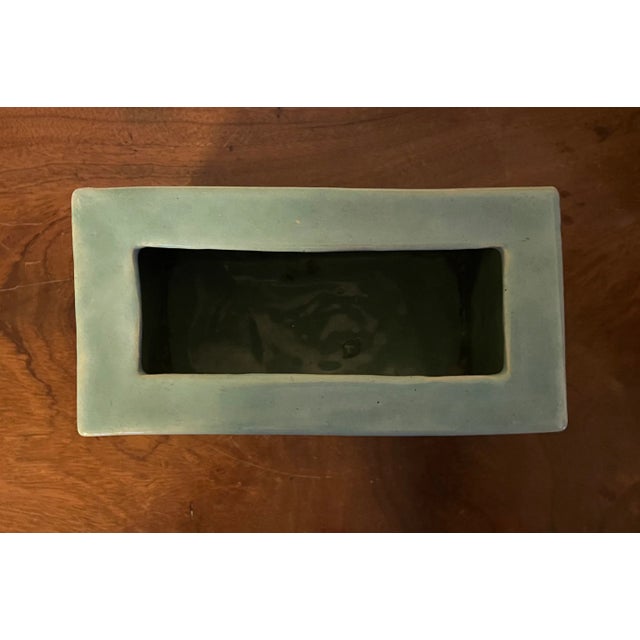 Mid-Century Modern Mid Century Porcelain Blue Green Aqua Monochrome Glaze Pillow Form Flower Brick Block Vase For Sale - Image 3 of 7