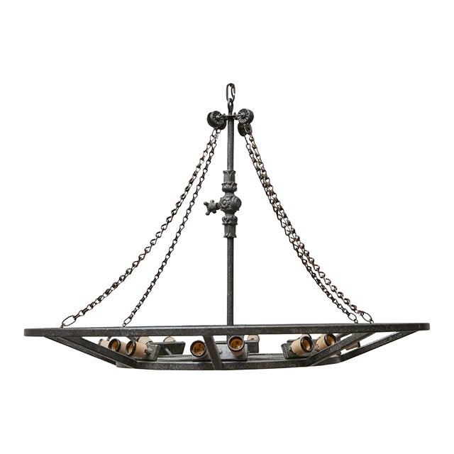 Large French Industrial Iron Chandelier With 12 Lights, Circa 1920 - Us Wired For Sale