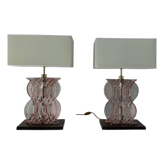 Art Deco Style Pink Murano Glass Table Lamps, 2000s, Set of 2 For Sale