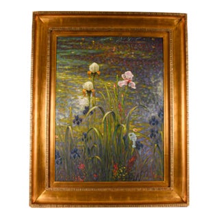 Late 20th Century Framed Signed Greg Singley Irises in Lavender and Gold Oil on Canvas For Sale