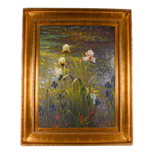 Late 20th Century Framed Signed Greg Singley Irises in Lavender and Gold Oil on Canvas