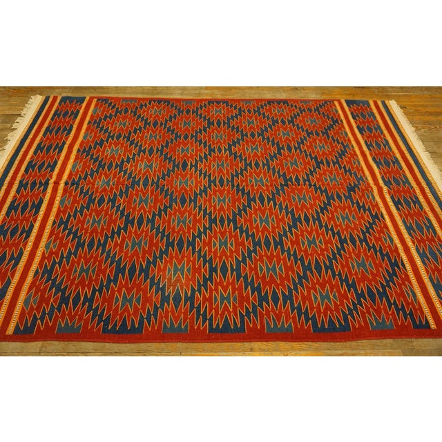 1930s 1930s Red Blue Diamond Tribal Antique Indian Cotton Dhurrie Carpet 6' X 9'7" Flatweave Cotton Rug For Sale - Image 5 of 13