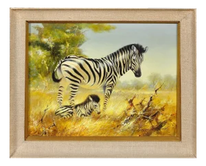 Douglas Van Howd, Zebra Mare and Foal, Oil Painting, 1980s, Framed