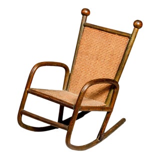 Hand Made Antique Wood Rattan Miniature Rocking Chair Furniture Primitive Folk Art For Sale