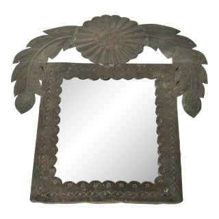 Folk Art Punched Tin Wall Hanging Mirror With Flower For Sale