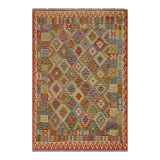 Boho Chic Kilim Rust Gold Wool Rug - 5'7" X 7'11" For Sale