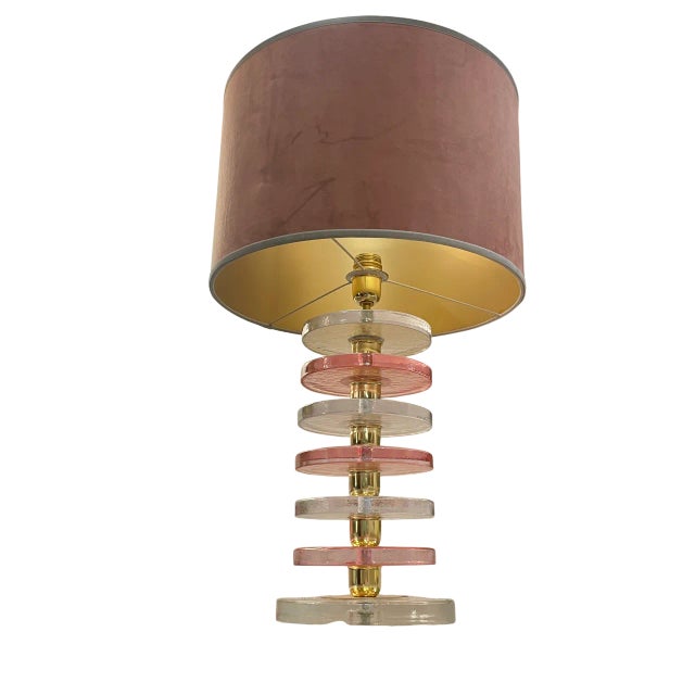 Vintage Pink and Clear Murano Glass Disc Table Lamps, 1980s, Set of 2 For Sale - Image 3 of 7