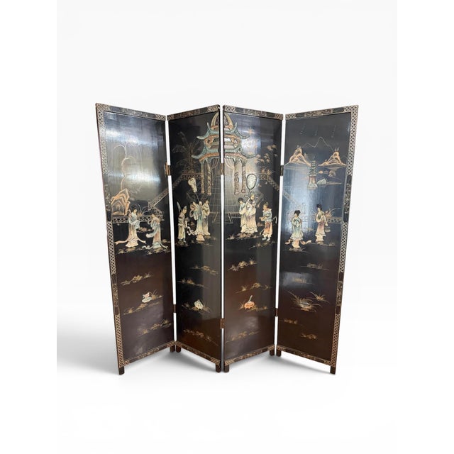 Black Vintage Mid-Century Chinese Four-Panel Lacquered Coromandel Screen For Sale - Image 8 of 11