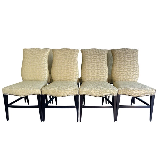 Set of eight Vanguard Furniture dining chairs upholstered in citrine geometric Greek Key fabric (Style V2895, Tebessa...
