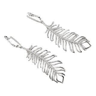 Late 20th Century 14K White Gold Diamond Designer Feather Dangle Drop Earrings, Pair For Sale