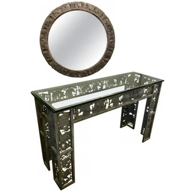 1990s 1990s Mixed Metal and Glass Console & Metal Mirror - Set For Sale - Image 5 of 5