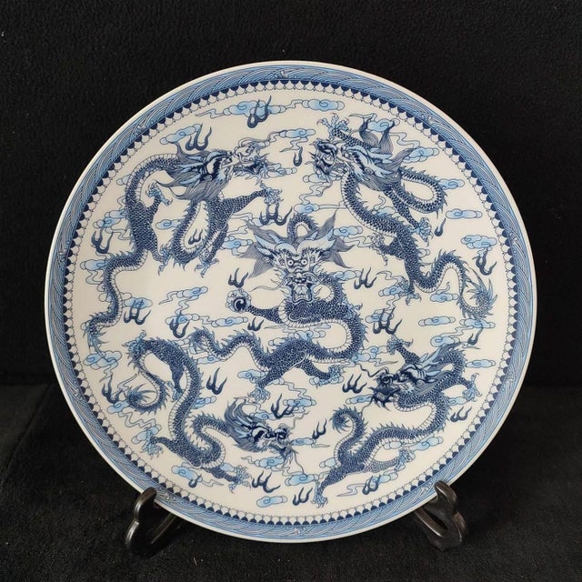 Chinese Ceramic Plate,Blue and White Porcelain Plate Hand Painted Dragon Pattern For Sale - Image 4 of 11