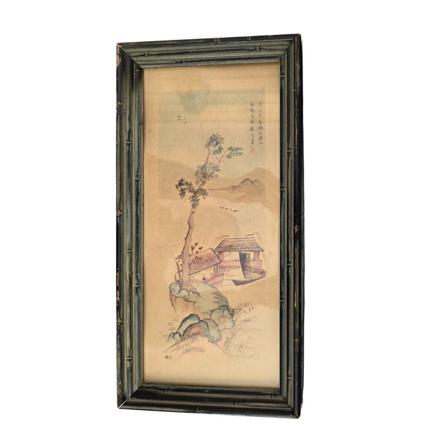 Pair of Mid-Century Antique Japanese Landscape Watercolors - Ebonized Bamboo Framed For Sale - Image 10 of 15