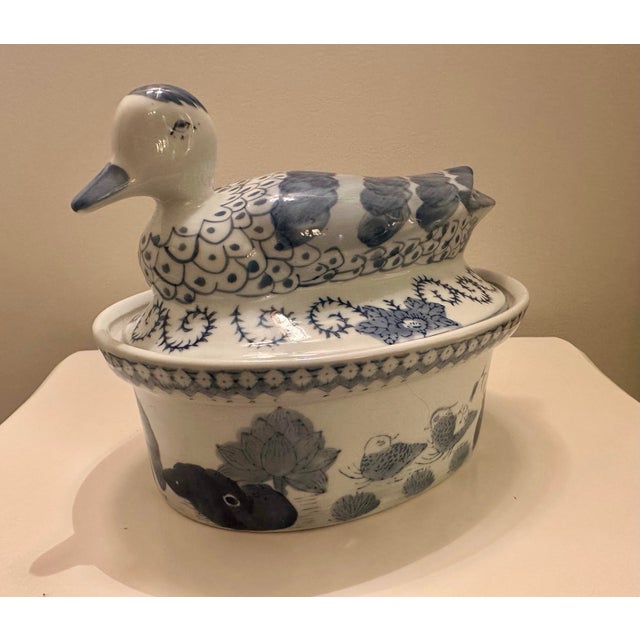 Mid 20th Century Vintage Blue and White Porcelain Duck Tureen For Sale - Image 5 of 11
