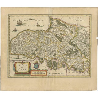 Antique Handcolored Map of Pays de Caux in Normandy, France, 1640 For Sale