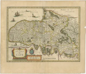 Antique Handcolored Map of Pays de Caux in Normandy, France, 1640
