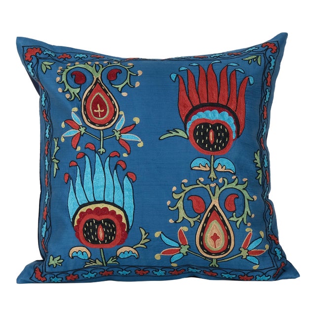Uzbek Blue Suzani Cushion Cover 20'' X 20'' For Sale