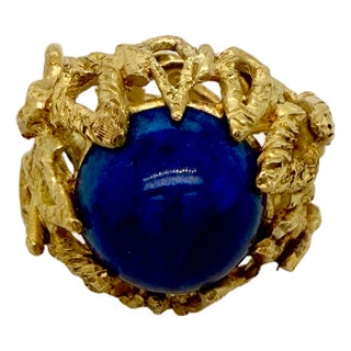 Mid‑Century 18k Gold Lapis Cabochon Ring, 1960s, Size 8 For Sale