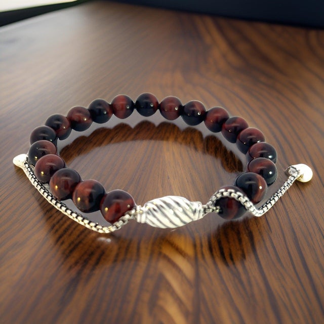 1990s David Yurman Tiger Eye Spiritual Beads Bracelet 6.6 - 8.5" Silver 8 Mm Estate For Sale - Image 12 of 15