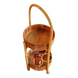 1960s Vintage - Rockabilly Round Bar Cart Made of Bamboo Rattan Wood and Metal For Sale