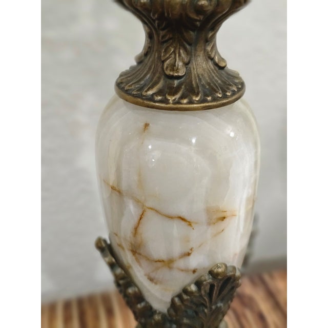 Hollywood Regency Pair of Vintage 1980s Onyx & Crystal Five-Arm Candelabras For Sale - Image 3 of 7