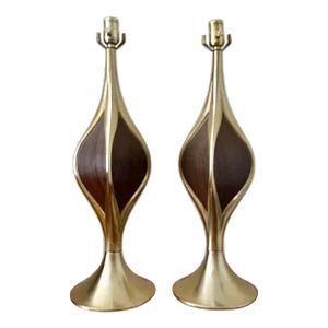 Pair of Mid Century Space Age Table Lamps With Brass + Dark Wood | by Laurel Lamp Co