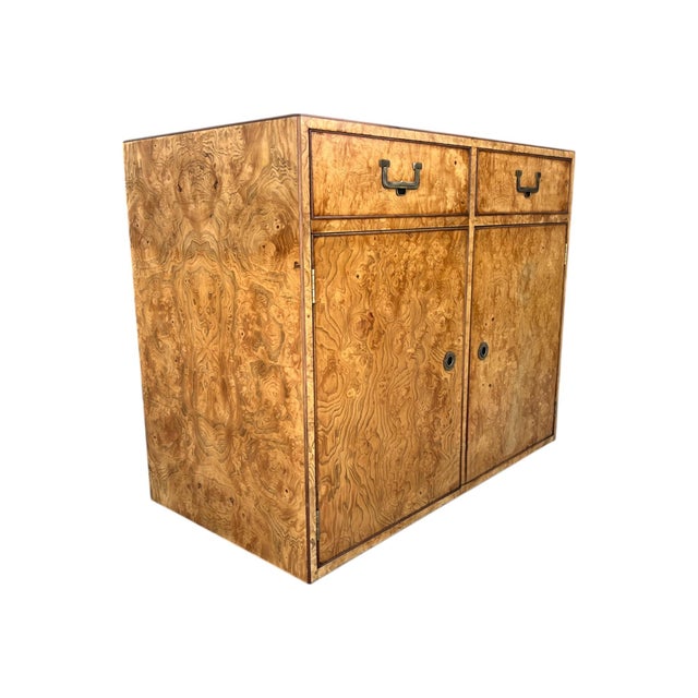 John Widdicomb John Widdicomb Mid-Century Modern Burled Wood Cabinet – Brass Hardware & Platform Base For Sale - Image 4 of 14