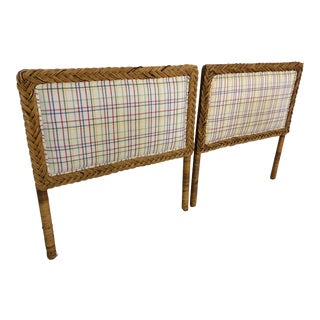 1970s Vintage Rattan Upholstered Twin Bed Headboards - A Pair For Sale