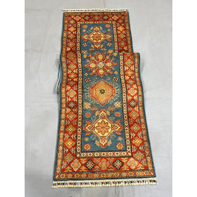Blue Blue and Rust Red Kazak Wool Runner Rug, Tribal Hallway Rug, 2'9" X 9'9" For Sale - Image 8 of 16