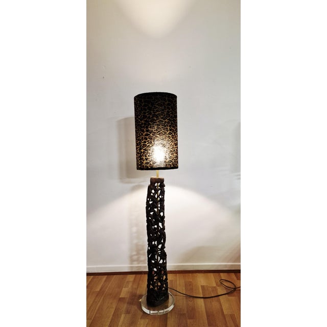 Hand-Carved Ebony Floor Lamp with Velvet Shade, 1960s For Sale - Image 4 of 12