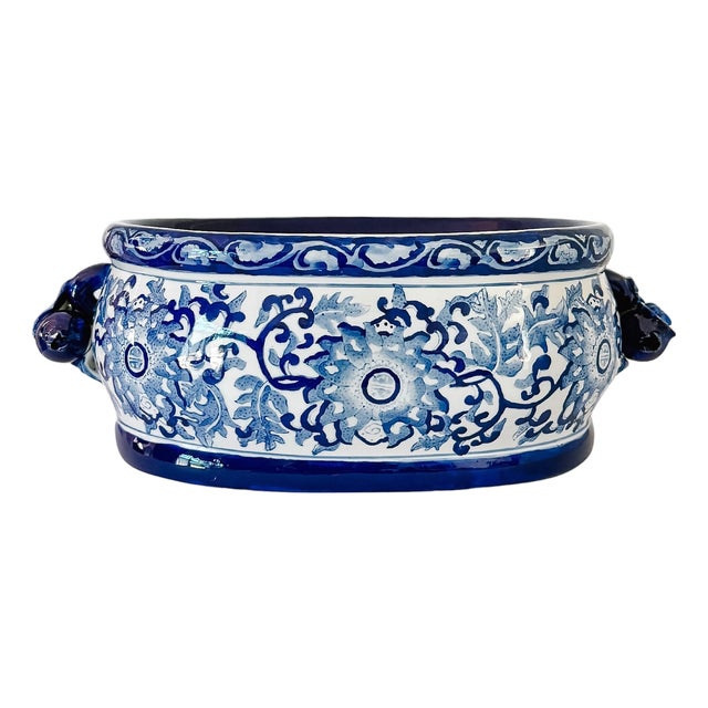 Late 20th Century Large Chinoiserie Blue & White Porcelain Foot Bath Planter With Pomegranate Handles For Sale