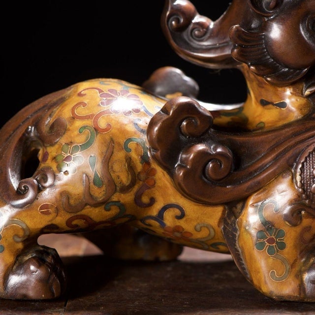 Metal Pair of Vintage Cloisonné Enamel Pixiu Statues With Gilt Bronze Accents For Sale - Image 7 of 9