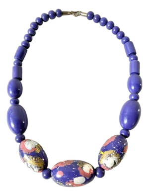 Mid Century Hand Painted Wood Beaded Necklace