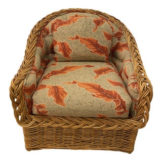 Wicker Works Vintage Tropical Leaf Palm Beach Braided Wicker Arm Lounge Chair For Sale