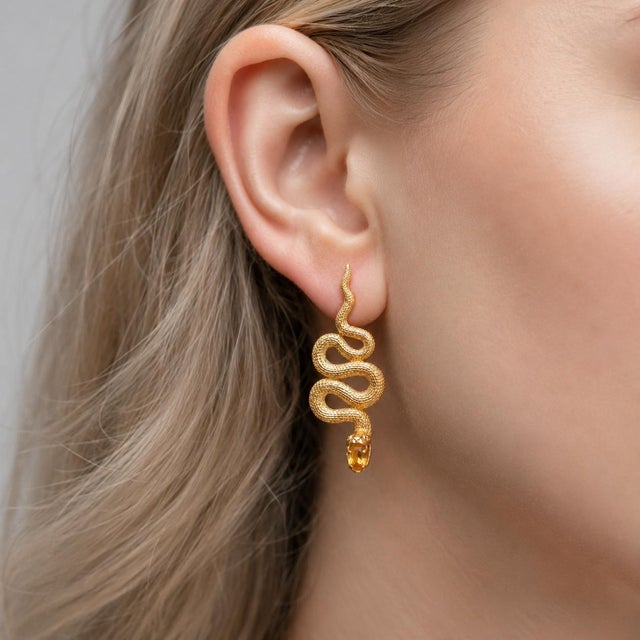 Metal Massive Snake Earrings With Citrines in Opened Mouth, Pair For Sale - Image 7 of 9