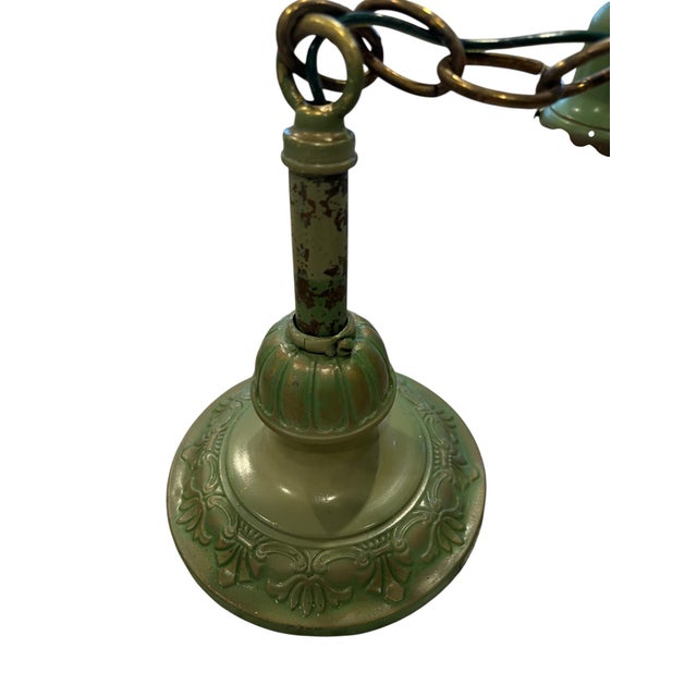 Antique Art Deco Brass Pan 3 Light Chandelier Ceiling Light 1920s Green & Gold For Sale - Image 9 of 12
