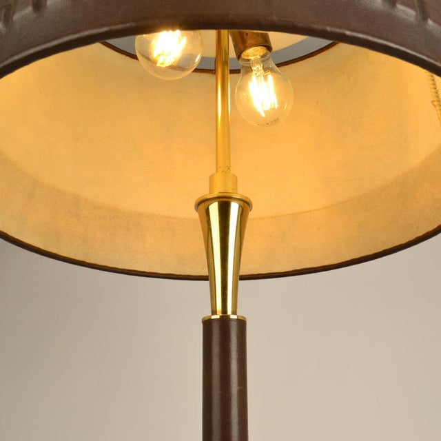 Brown Leather and Brass Table Lamp with Parchment Shade, 1960s For Sale - Image 8 of 12