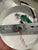 Discontinued Crate & Barrel white linen drum flush-mount ceiling light dating to 2019. A clean, architectural ceiling...