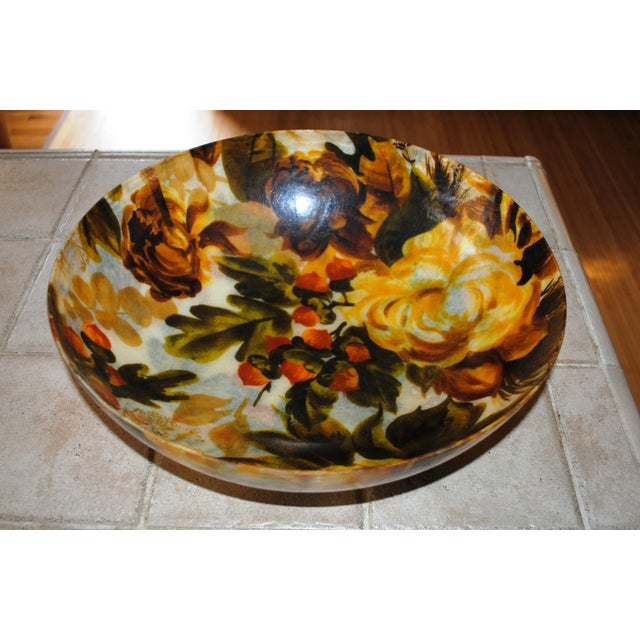 Mid Century fiberglass serving bowl. Large size, 14" diameter it is decorated in a fall floral motif. It has fall colors,...