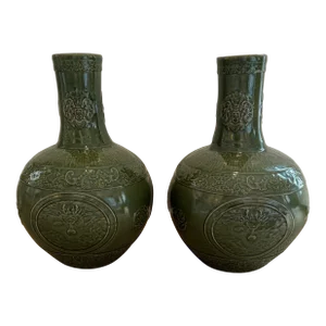 Large Pair of Chinese Longquan Olive Green Globe Vases