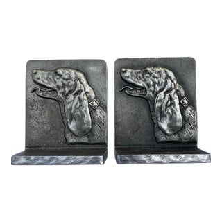 1940’s Pair of Etched & Cast Steel Heavy Setter Dog Bookends Signed- A Pair For Sale