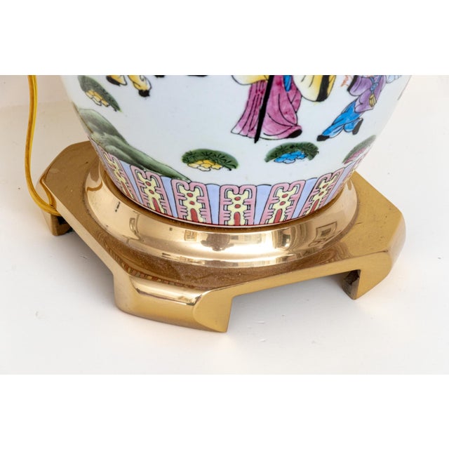 Chinese Famille Rose Porcelain Ovoid Vase Table Lamp | Celestial Court Figures | Carved Jade Finial | Mid-20th Century For Sale - Image 9 of 10