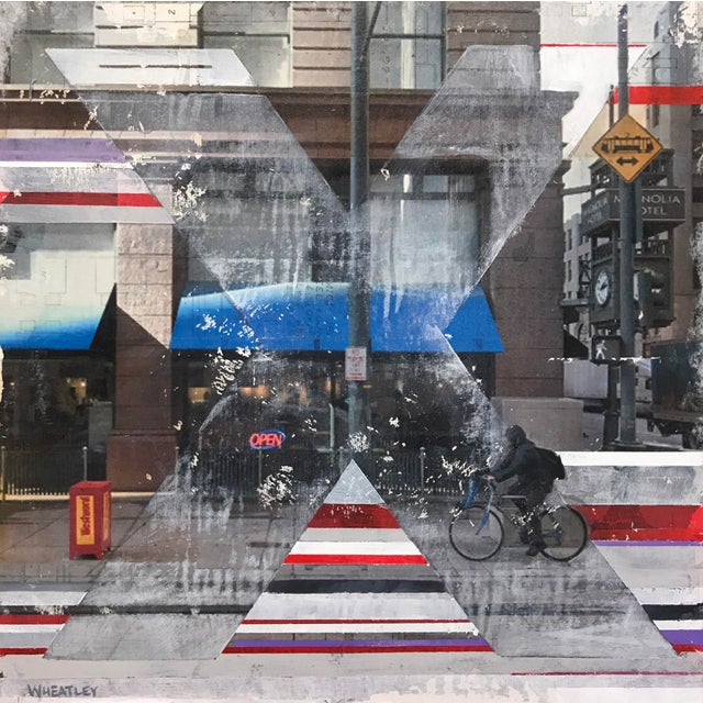 This artwork captures a dynamic urban scene in Denver, blending photographic realism with abstract elements. The striking...