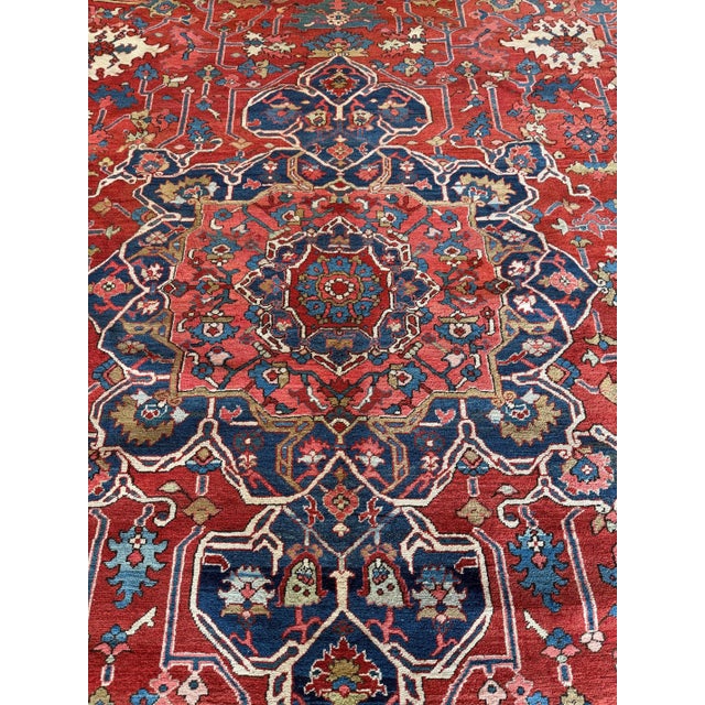 Antique Persian Serapi Carpet Handmade Wool Oriental Rug, Red, Ivory, Light Blue For Sale - Image 10 of 18