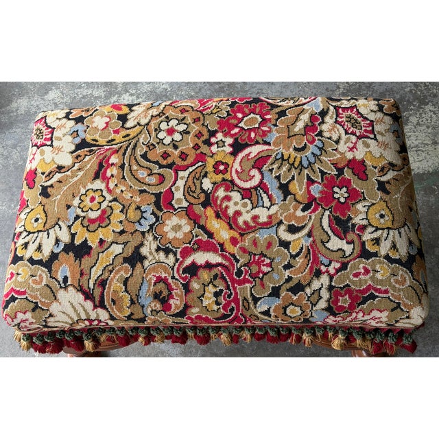 1980s Vintage English Jacobean Style Walnut Needlepoint Upholstered Bench With Scalamandré Tassel Fringe For Sale - Image 5 of 7